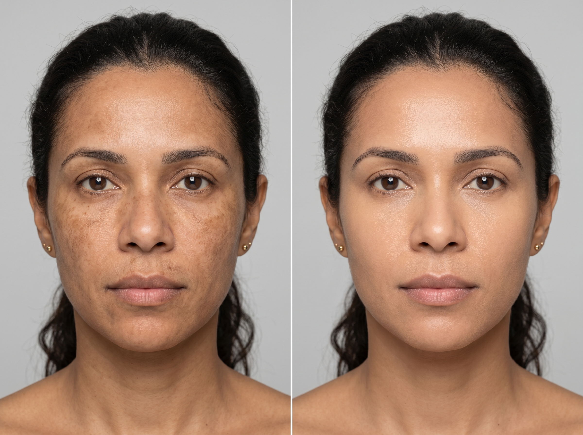 Rosto de mulher antes e depois do acompanhamento de melasma: manchas mais claras e tom de pele mais uniforme