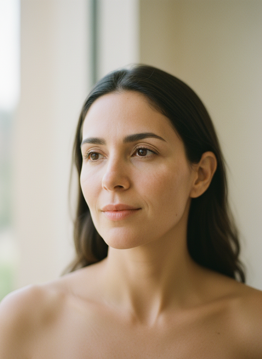 Mulher em luz natural, close-up minimalista, com manchas sutis de melasma visíveis