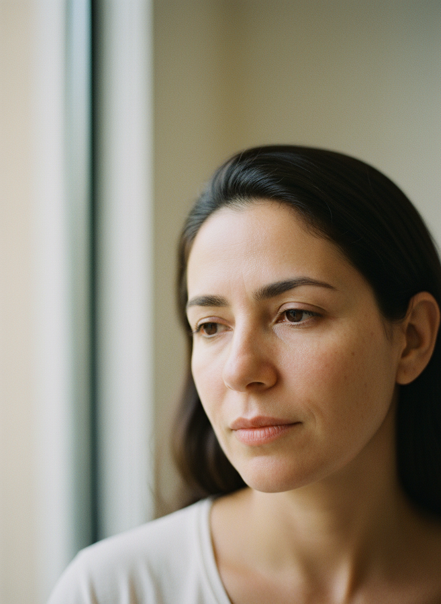 Mulher serena olhando pela janela, luz natural difusa, retrato com manchas sutis de melasma