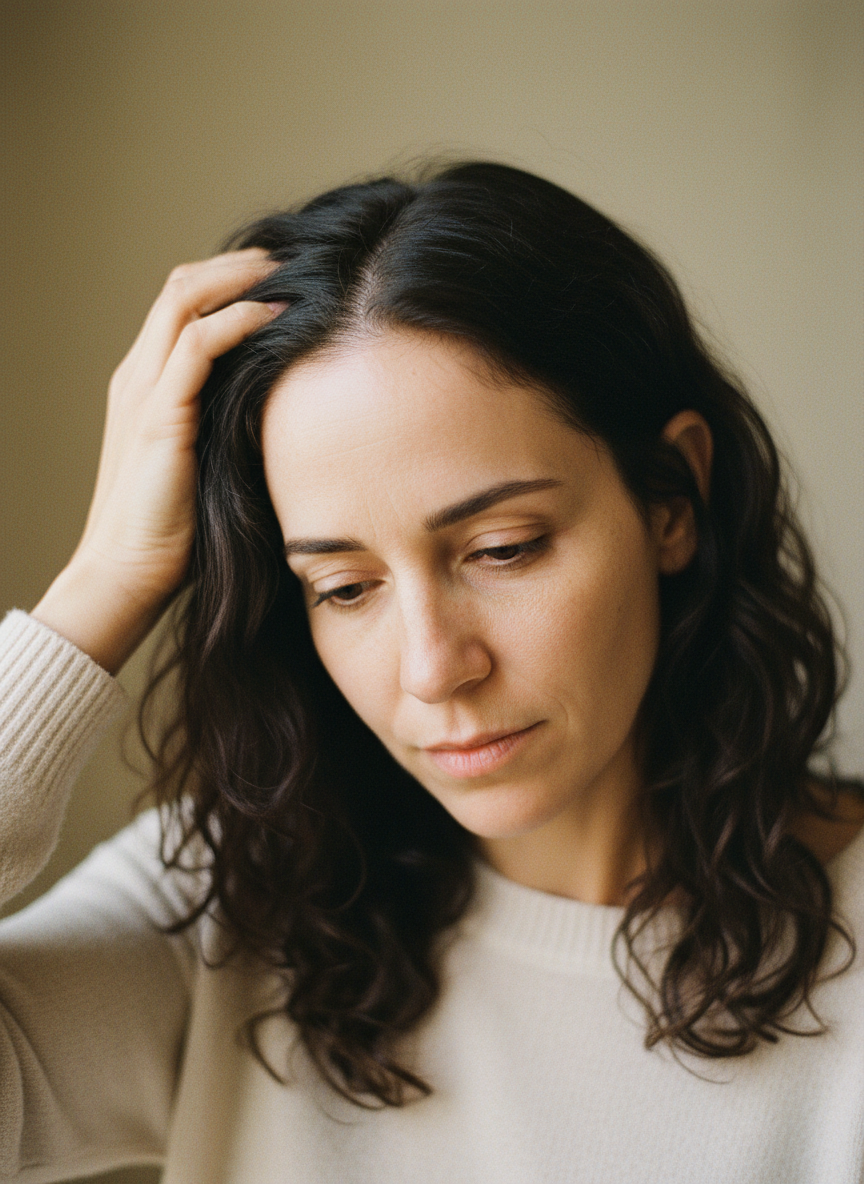Mulher passando a mão no cabelo, expressão introspectiva, luz natural difusa, paleta âmbar e creme