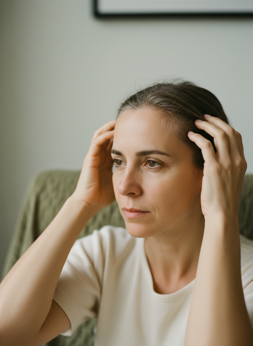 Mulher contemplativa, mãos próximas ao cabelo, paleta neutra calma, momento de decisão